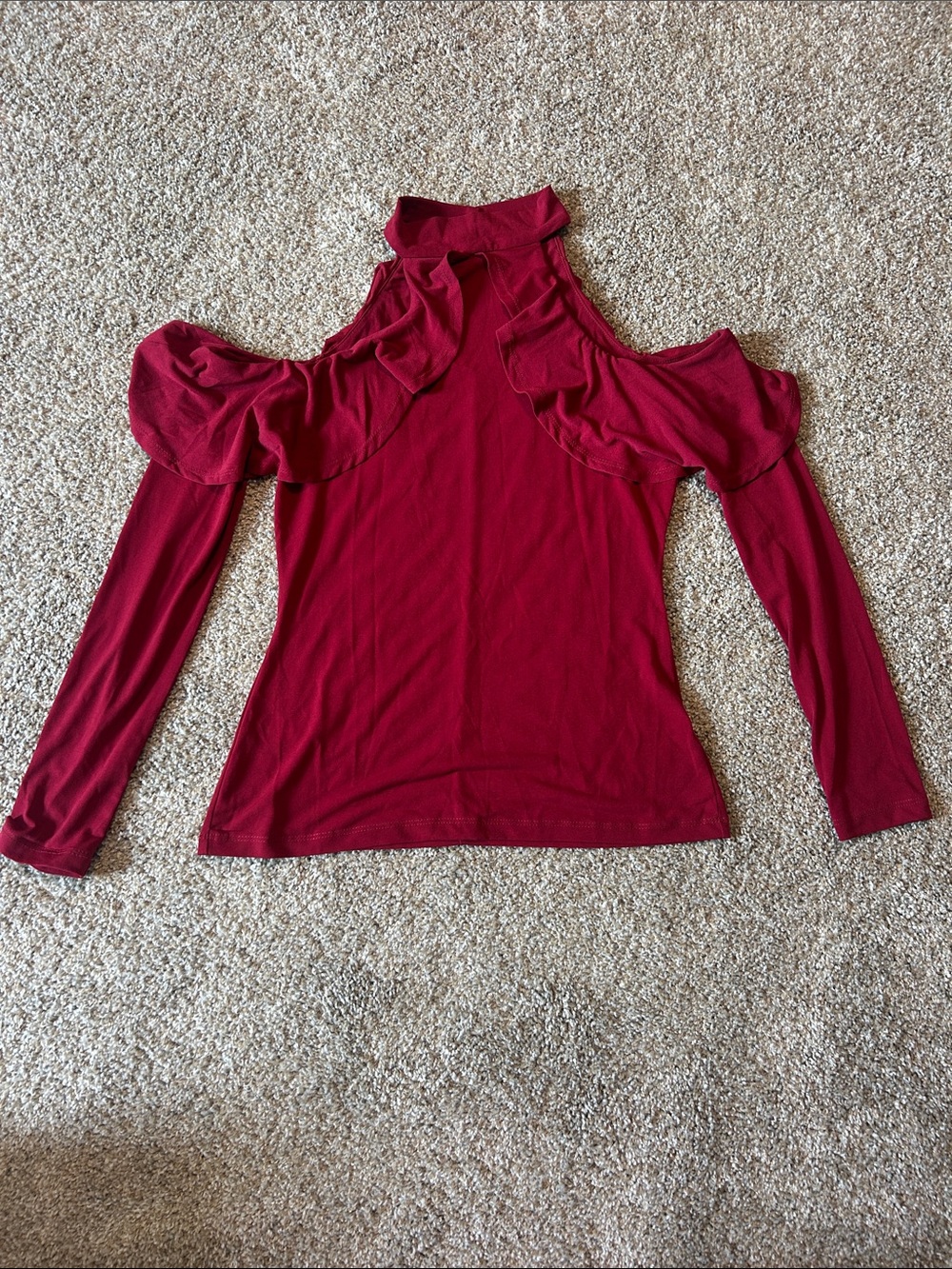 VENUS Burgundy Ruffle Cold-Shoulder Long Sleeve Top